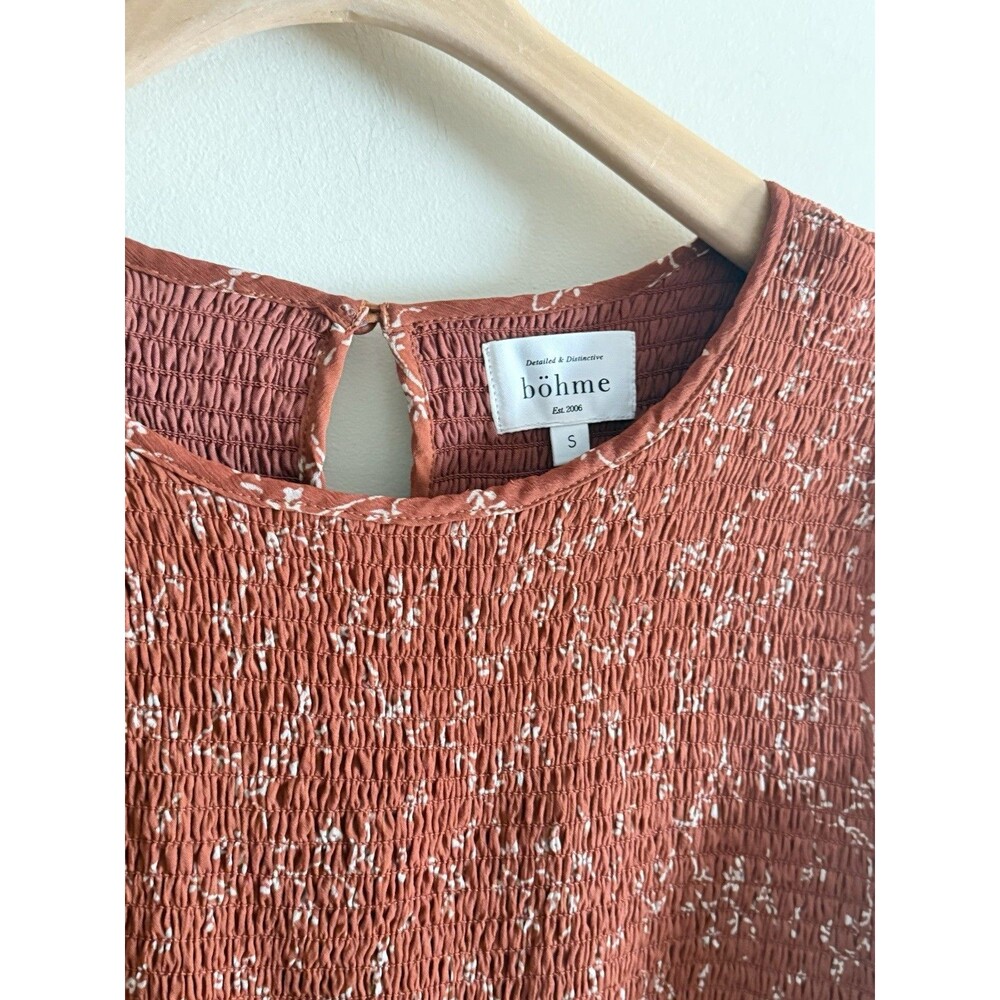 Bohme Rust Smocked Midi Dress Floral Fall Tiered Size Small Boho Casual - Picture 2 of 5